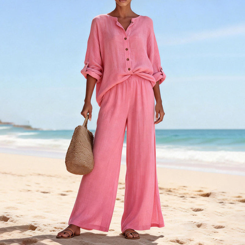 Flat lay of the Juniper cotton blend two-piece set, neatly folded to display the solid colour and material.