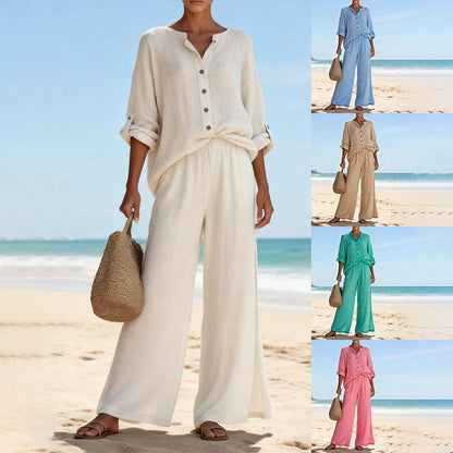 Detail of the comfortable trousers from the Juniper two-piece set, focusing on the waist and fabric drape.