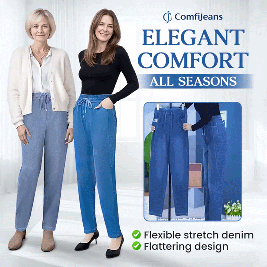Front view of dark grey ultra-stretch mom jeans, showcasing the high-waisted fit and relaxed leg.