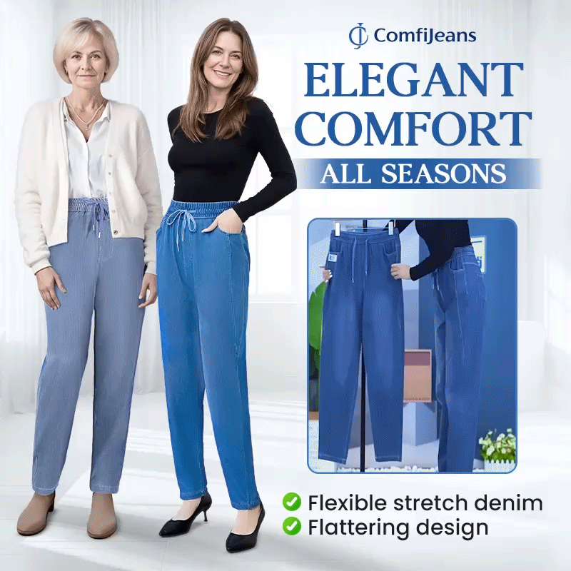 Front view of dark grey ultra-stretch mom jeans, showcasing the high-waisted fit and relaxed leg.