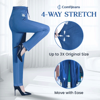Close-up of the elastic waistband and drawcord on the comfortable mom jeans, emphasising adjustability.