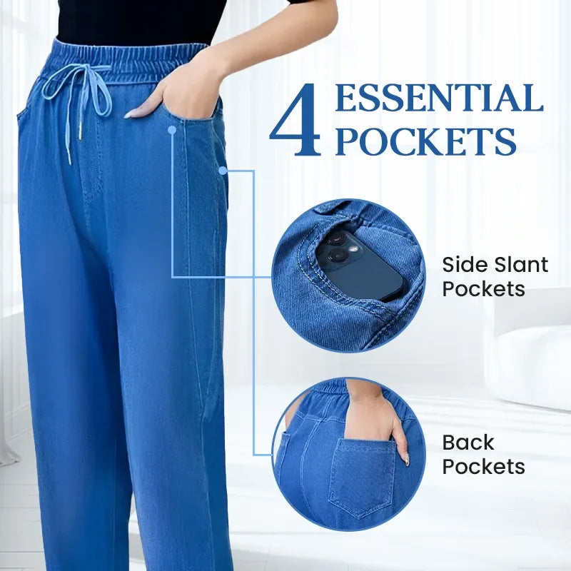 Lifestyle shot of a woman walking in the ultra-stretch mom jeans, focusing on the ease of movement.