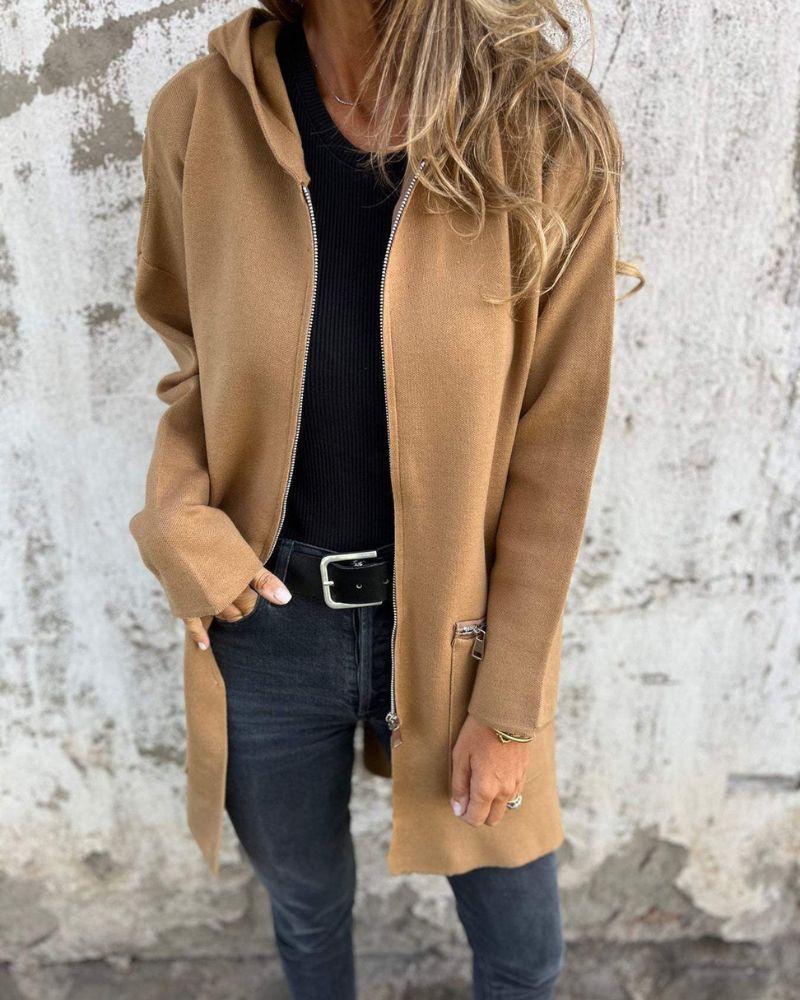 Back view of a women's brown hooded longline cardigan, illustrating the smooth silhouette and hood design.