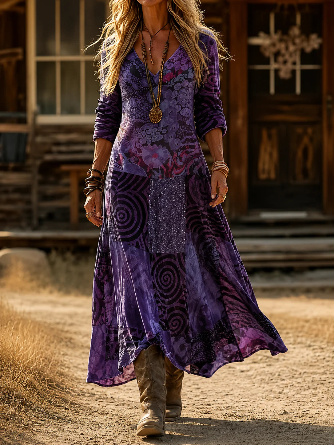 A model twirling in the Leona vintage bohemian maxi dress, illustrating its fluid movement and ankle-length design.
