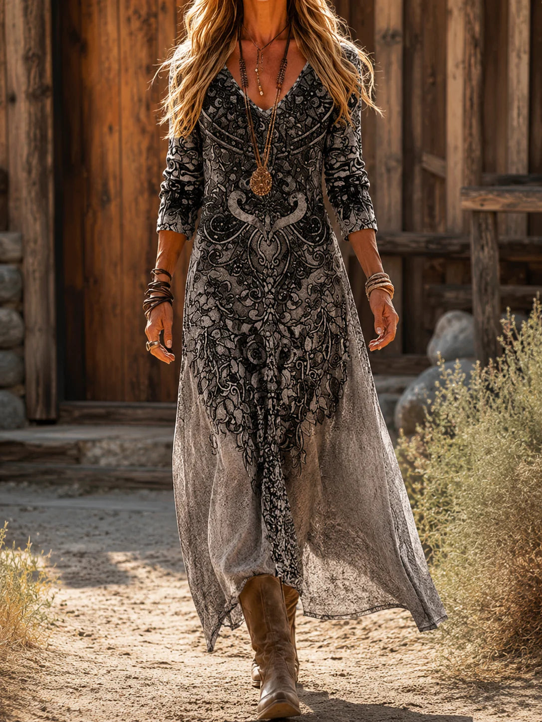 The Leona vintage bohemian maxi dress styled with accessories for an autumn-inspired, chic look.