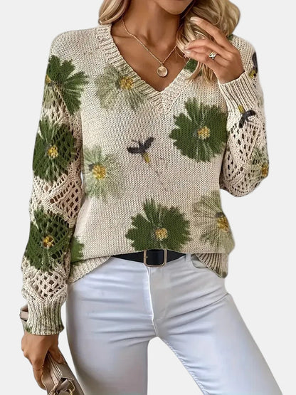 Green floral knit sweater styled with a skirt, offering an alternative outfit idea.
