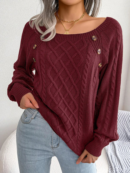Close-up of the textured knit pattern on the Lotte casual knitted sweater in purple.
