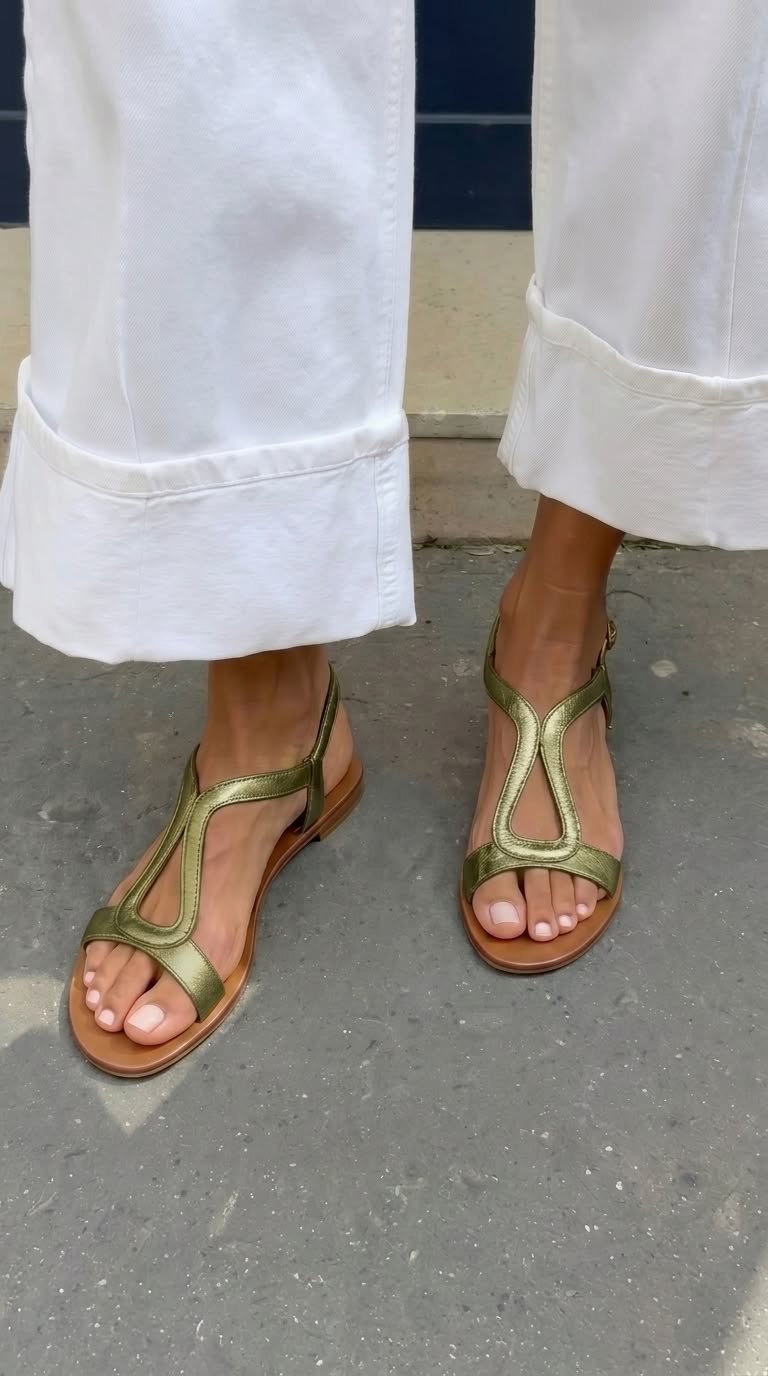 Overhead view of silver relaxed everyday sandals, showcasing their simple yet elegant design.