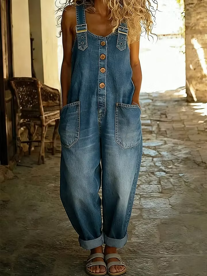 Front view of a woman wearing a light blue casual denim jumpsuit, showcasing its loose fit and adjustable straps.