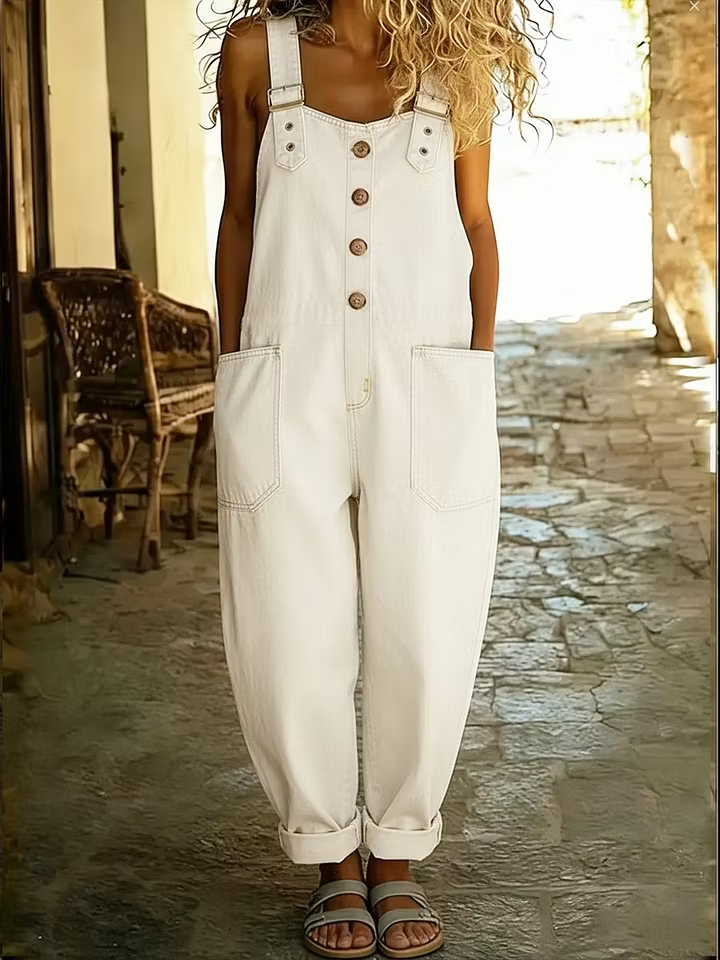 Side profile of a woman in the dark wash casual denim jumpsuit, illustrating the relaxed silhouette and overall design.