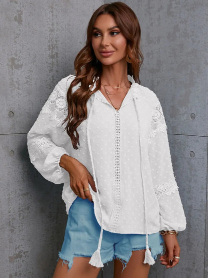 Side profile of the moss-colored crochet blouse, highlighting the flowy sleeves and comfortable fit.