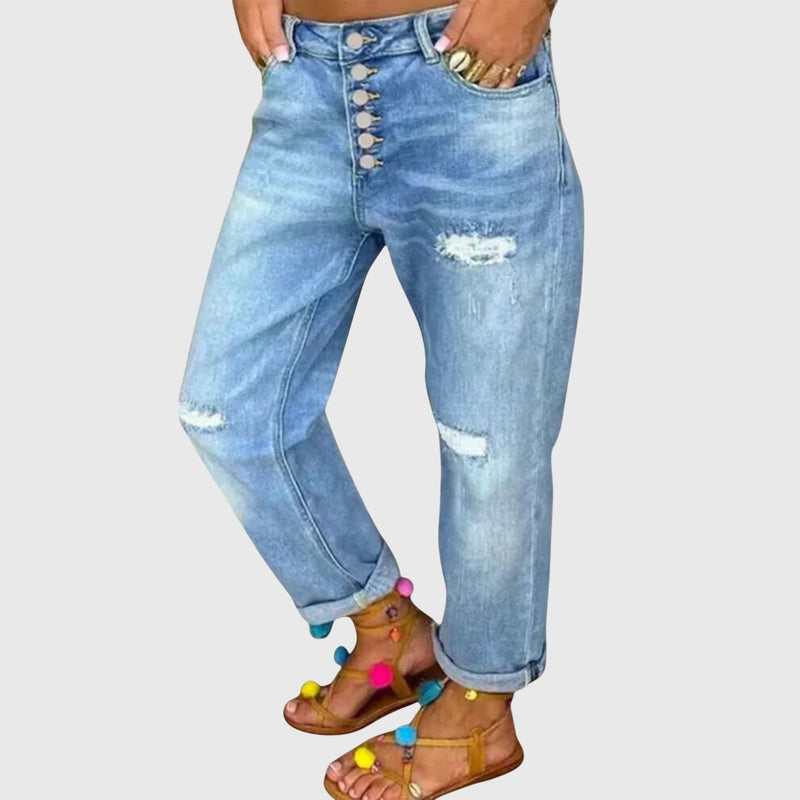 Front view of blue Zara relaxed straight jeans, showcasing the clean cut and comfortable fit on a standing model.