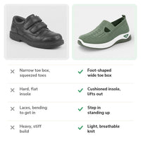 A person easily slipping their foot into a grey Margot sneaker, demonstrating the convenient step-in entry.