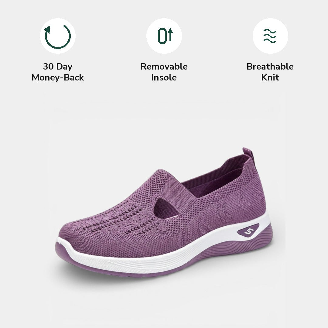 A pair of lilac Margot comfort sneakers viewed from above, highlighting their lightweight and flexible design.