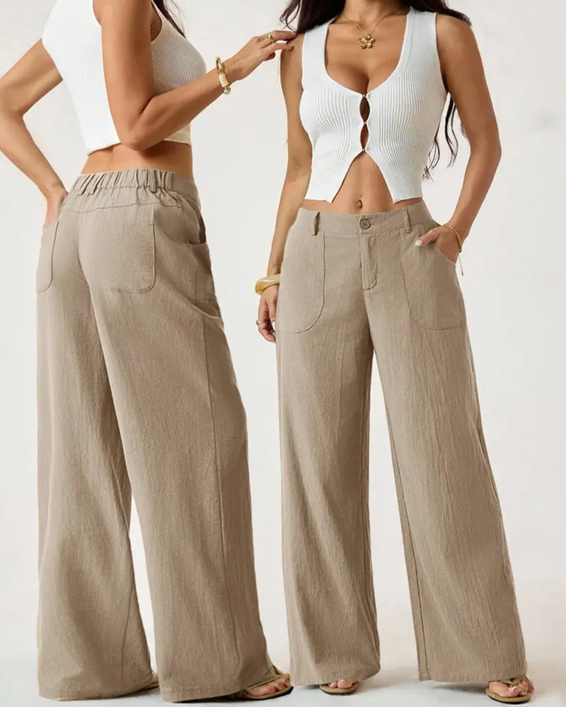 Front view of khaki Marlène casual trousers on a mannequin, showcasing the straight leg fit.