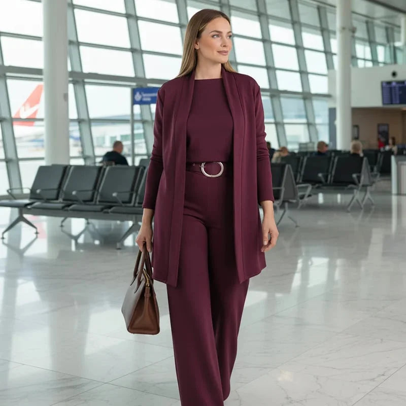 Close-up detail of the fabric texture and elasticated waistband on the trousers of the burgundy Marlowe elegant 3-piece set.