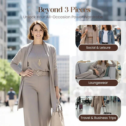 A flat lay arrangement of the individual components of the Marlowe elegant 3-piece set, showing the cardigan, top, and trousers.