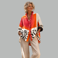 Front view of a Mila relaxed printed shirt in a vibrant pattern, styled casually.
