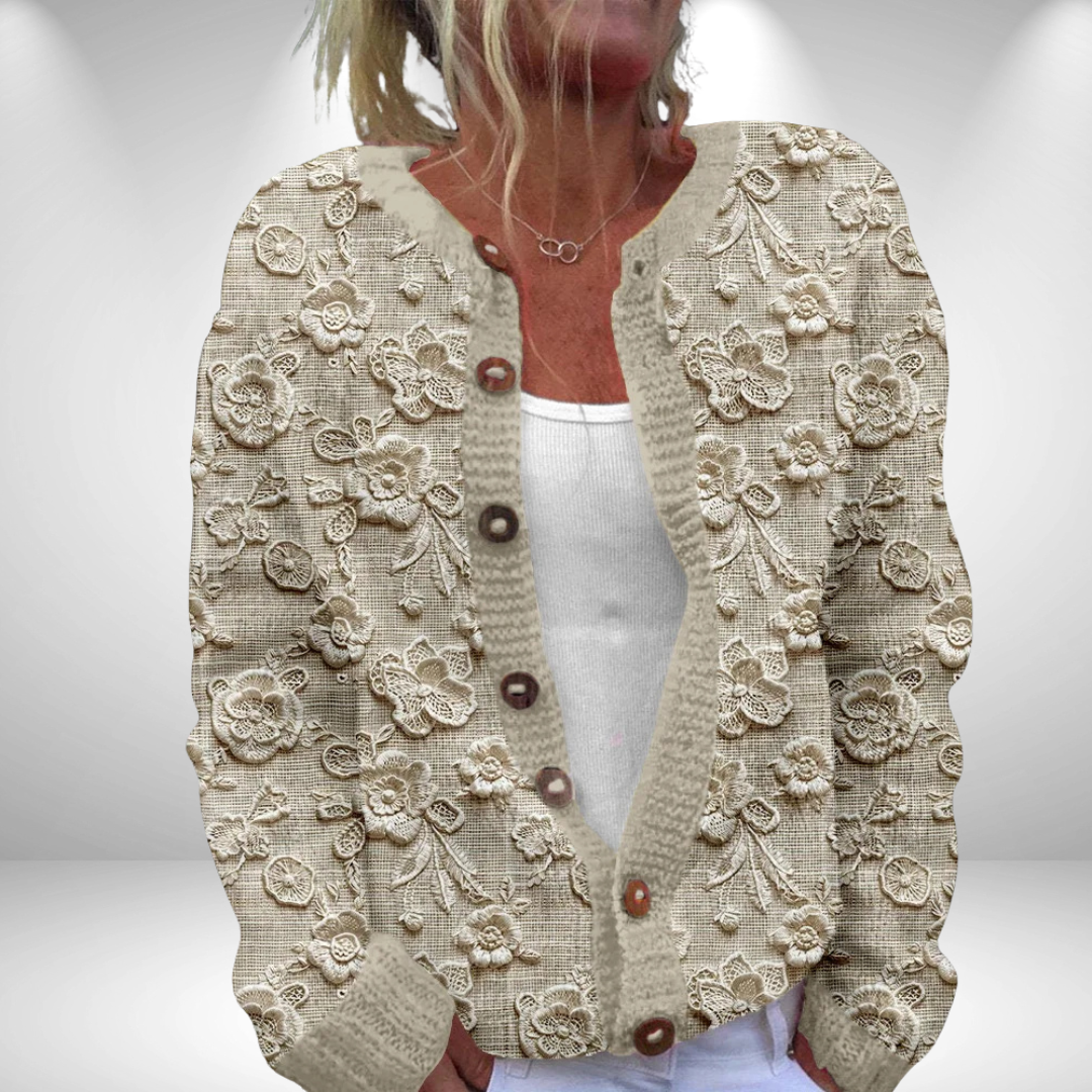 Side profile of a woman in the Mila printed loose cardigan, highlighting its relaxed drape.