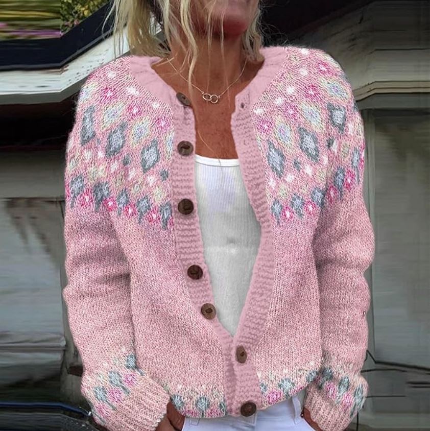 Back view of the Mila printed loose cardigan, showcasing its flowing silhouette.