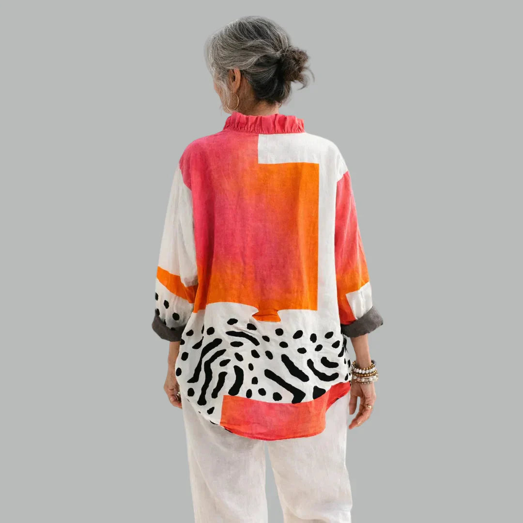 Back view of the elegant all-over print on the Mila relaxed printed shirt, perfect for any occasion.