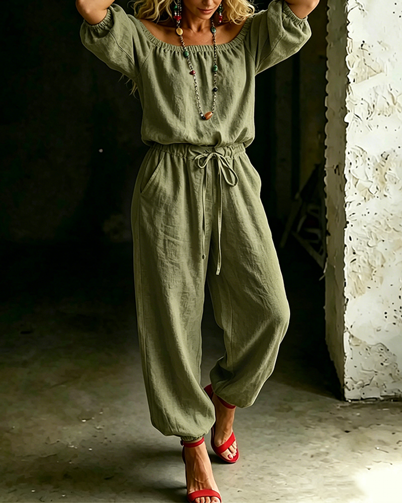 Close-up of the subtle gathering at the off-shoulder elasticated band of the Rhiannon versatile jumpsuit.