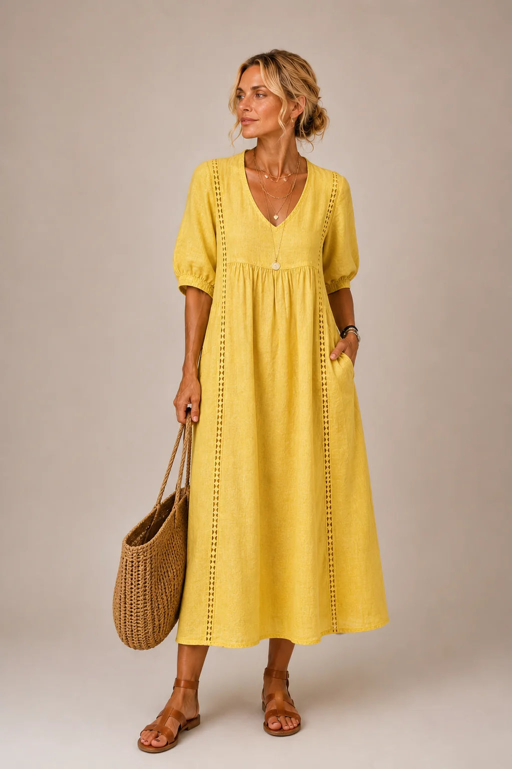 Fabric swatch of the lightweight, breathable material used in the Naomi elegant lace linen dress.