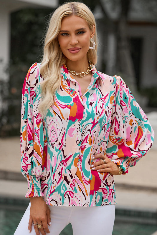 Front view of the Zephyrine printed puff sleeve collared blouse in a vibrant hot pink, showcasing the intricate pattern.