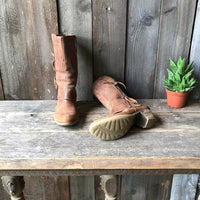 Rear view of the women's brown cowgirl boots, focusing on the sturdy non-slip sole and comfortable heel design.