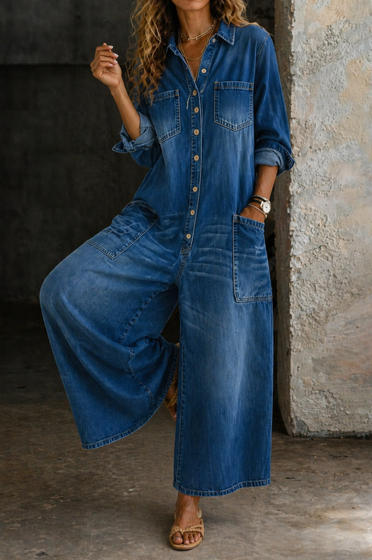 Front view of a model wearing a blue Odessa effortless denim jumpsuit, showcasing its relaxed fit and collared neckline.