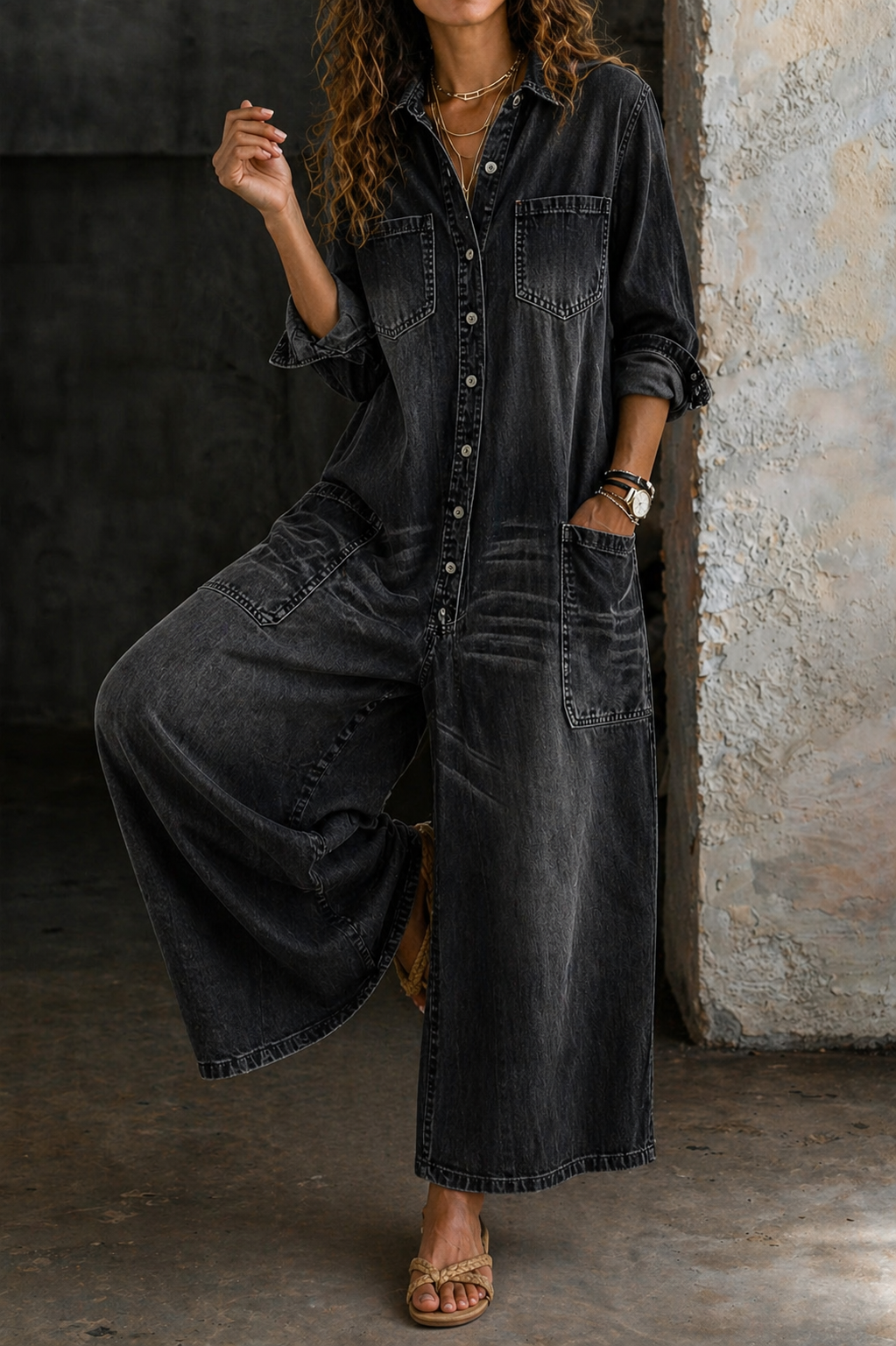 Close-up detail of the button-up closure and functional chest pocket on the Odessa denim jumpsuit.