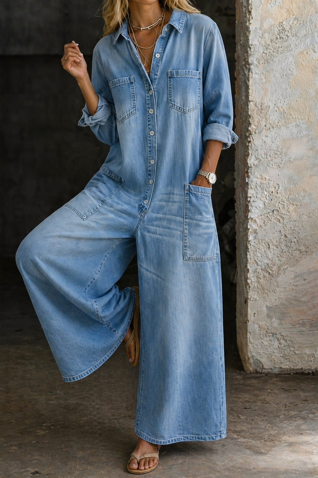 Side profile of a woman casually posing in a light blue Odessa effortless denim jumpsuit, highlighting its comfortable silhouette.