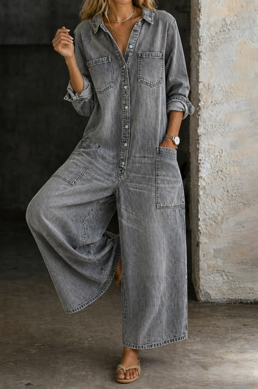 Rear view of the Odessa effortless denim jumpsuit, displaying the back pockets and overall relaxed tailoring.
