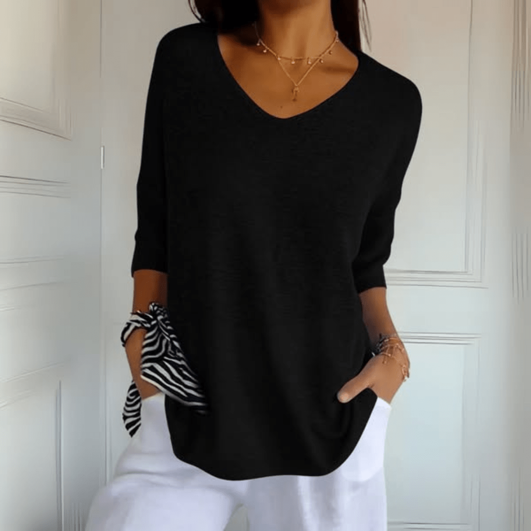 Detailed shot of the fabric weave and stitching on the Ophelia comfortable loose sweater.