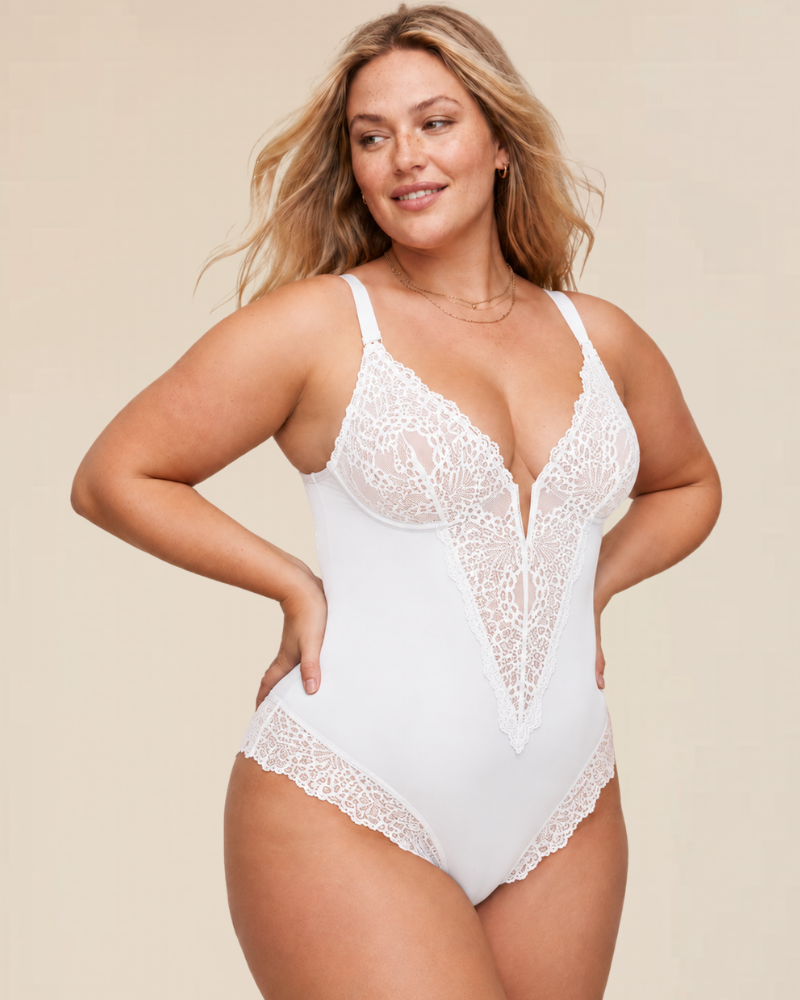 Front view of the Rhea black versatile half-laced bodysuit, showing V-neck detail and bodycon fit.