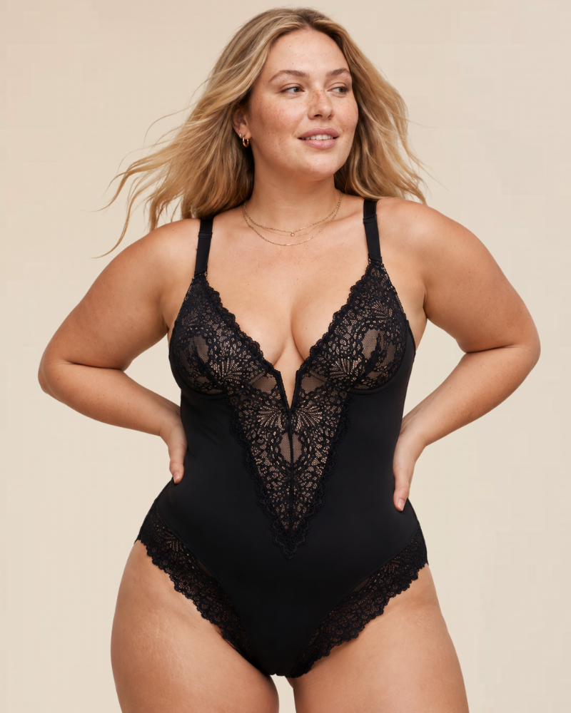 Close-up detail of the delicate lace on the V-neck of the brown Rhea versatile half-laced bodysuit.