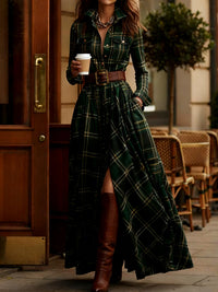 Front view of the Rhiannon green plaid maxi dress, showcasing its full length and button-up detail.