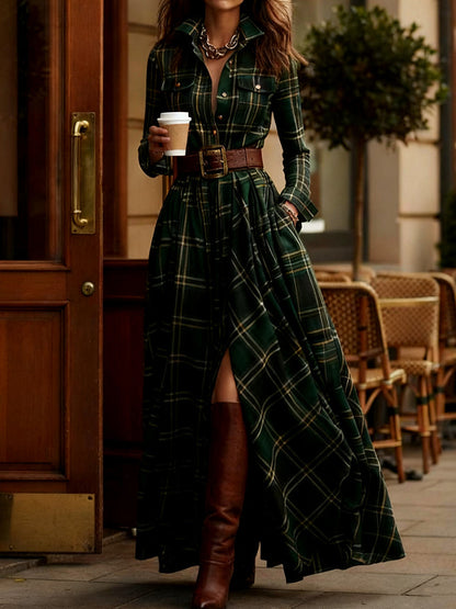 Front view of the Rhiannon green plaid maxi dress, showcasing its full length and button-up detail.