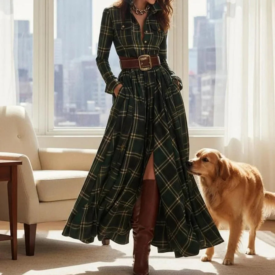 Side profile of the Rhiannon green plaid maxi dress, highlighting the elegant drape and long sleeves.