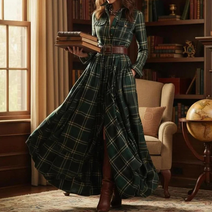 Close-up detail of the lapel collar and button-up front on the vintage green plaid maxi dress.