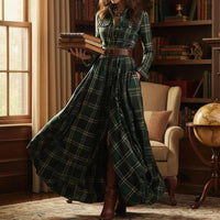 Close-up detail of the lapel collar and button-up front on the vintage green plaid maxi dress.