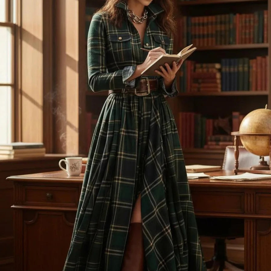 Rear view of the Rhiannon green plaid maxi dress, showing the flowing skirt and overall silhouette.