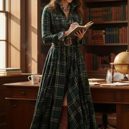 Rear view of the Rhiannon green plaid maxi dress, showing the flowing skirt and overall silhouette.