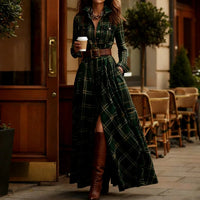 Detail of the fabric texture and green plaid pattern on the versatile maxi dress, including a pocket.