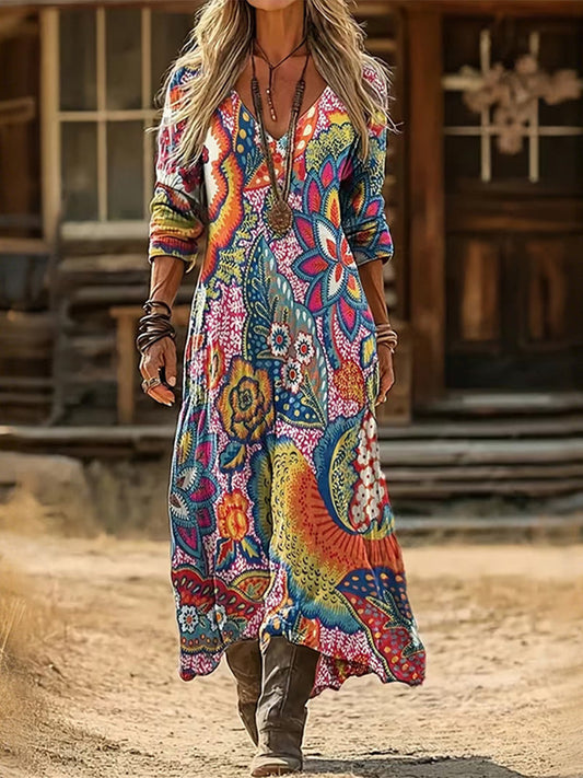 Front view of the Rosalind floral vintage maxi dress in blue orange, showcasing its flowing H-line silhouette and V-neck.