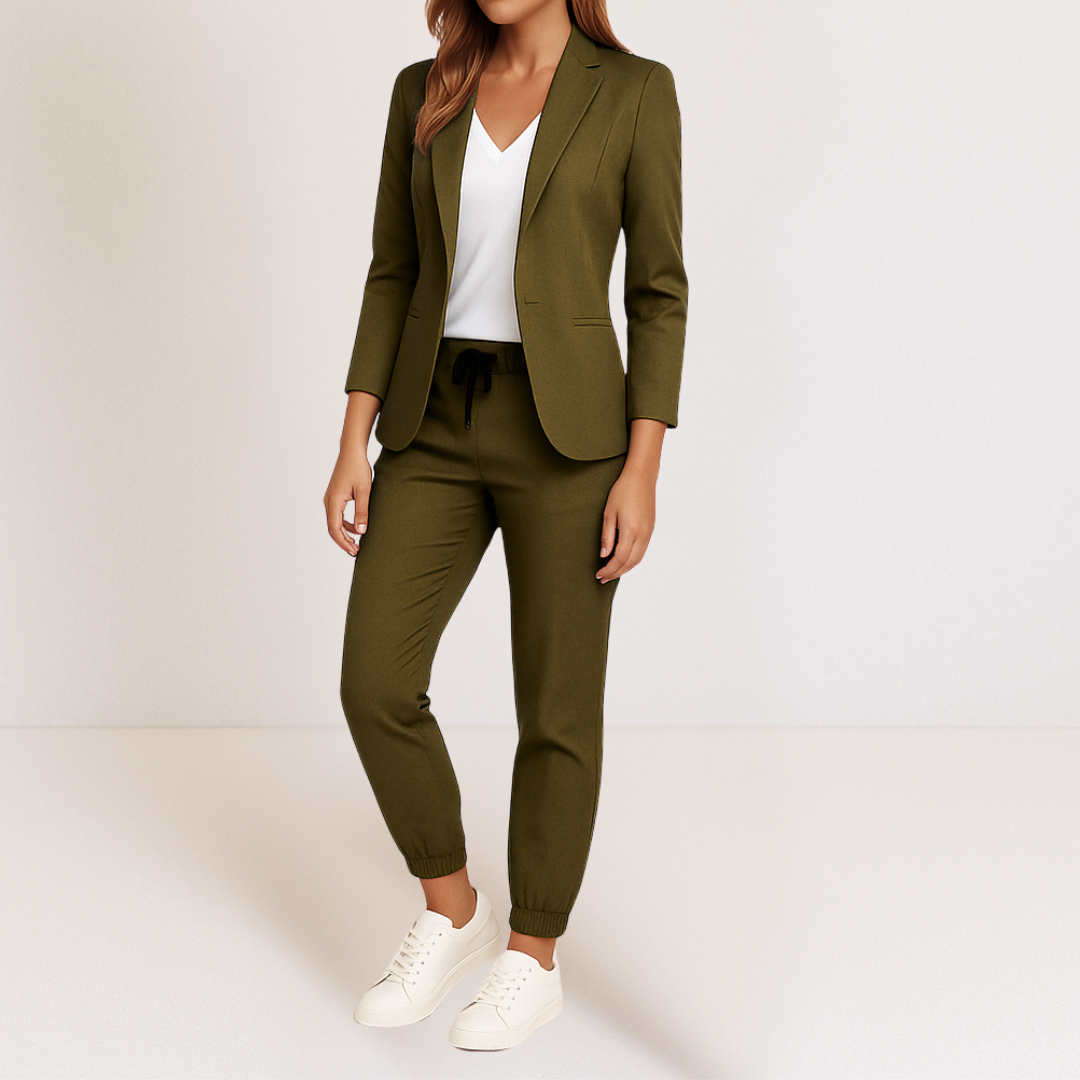 Flat lay of the Saskia tailored jacket, displaying its full silhouette and elegant drape.