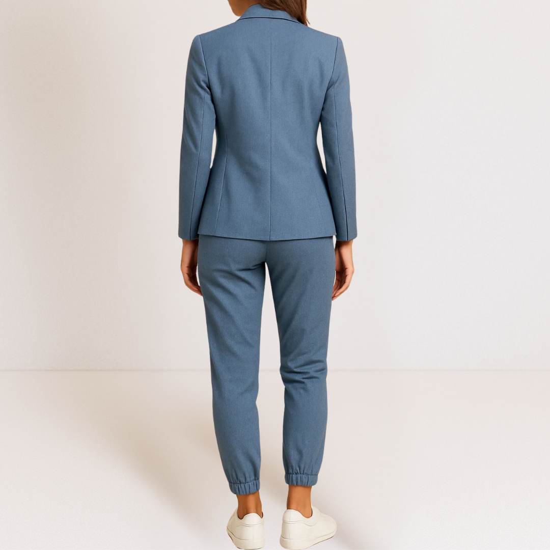 Close-up detail of the fabric and stitching of the Saskia women's tailored jacket, showing quality.