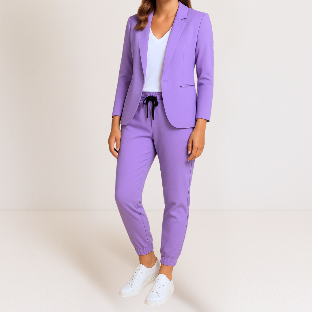 A model wearing the Saskia tailored jacket in a professional setting, illustrating its versatility for work.