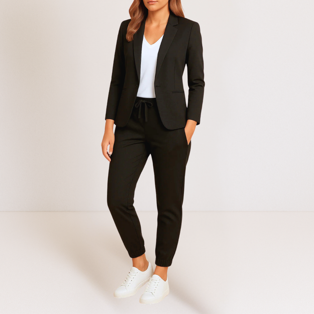 Lifestyle shot of the Saskia women's tailored jacket paired with casual trousers, perfect for daily wear.