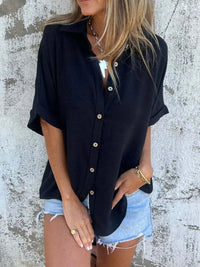 Full-body shot of a model wearing a tan Seraphina classic collared shirt, styled casually.